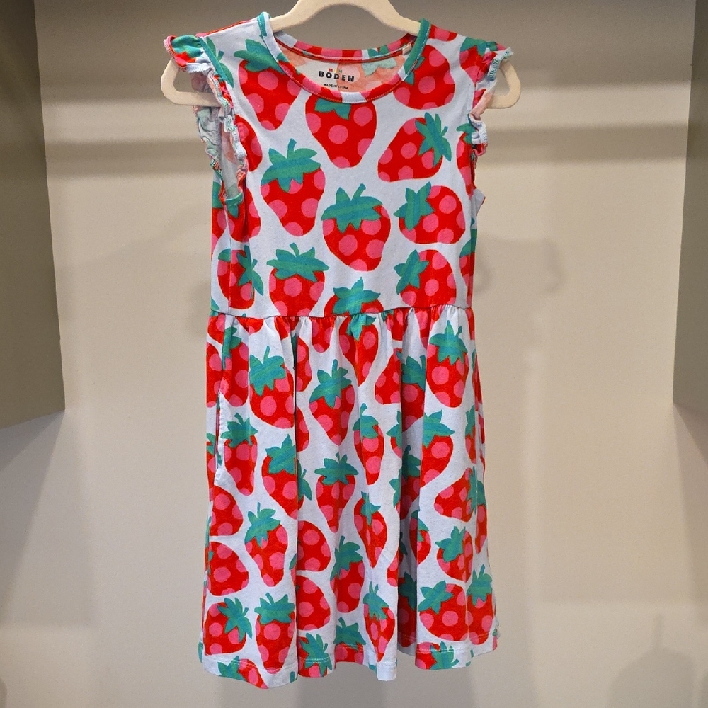 Boden White Dress with Red Strawberry Print
